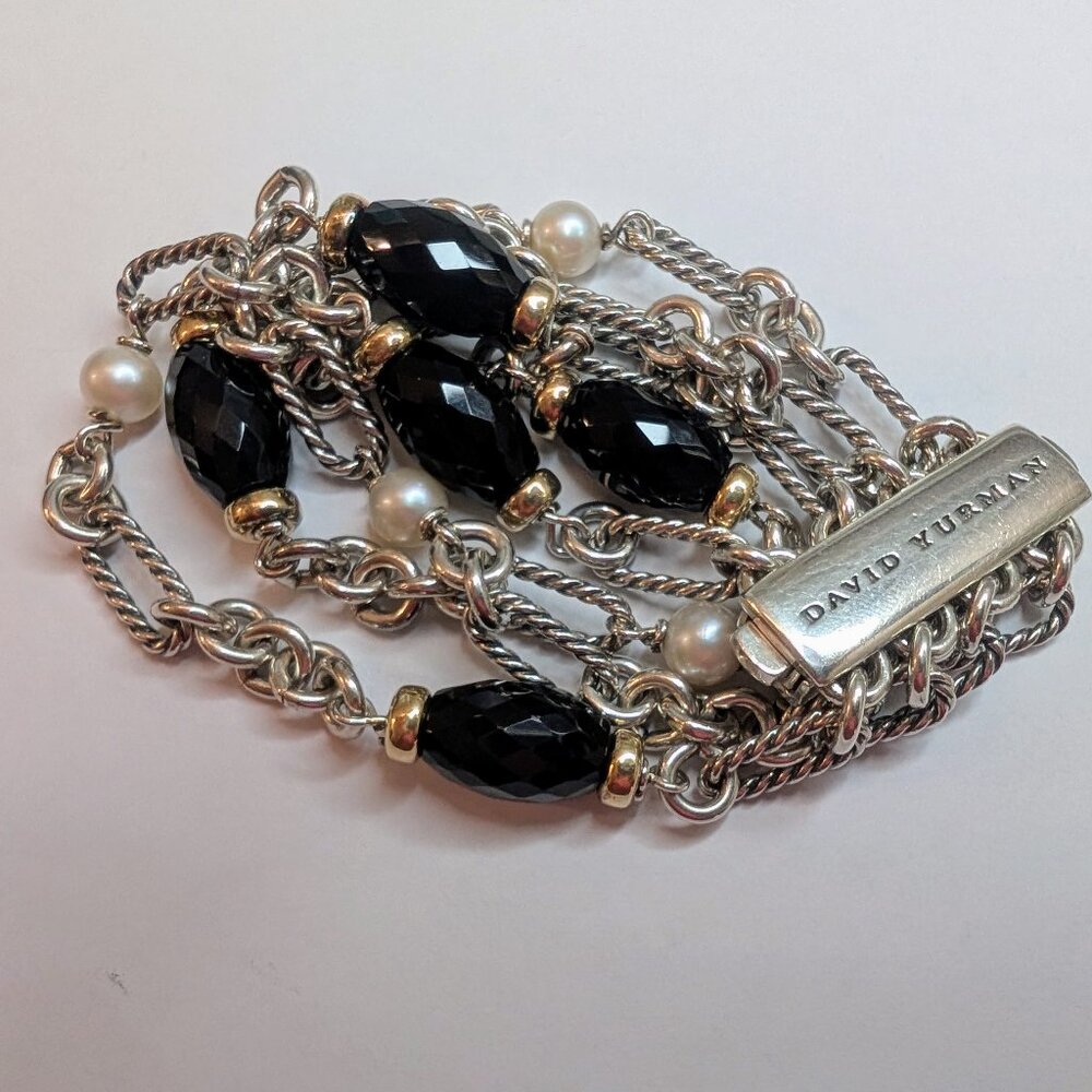 David Yurman SS 18K YG Black Onyx Pearl Multi Strand Figaro Bracelet - RARE